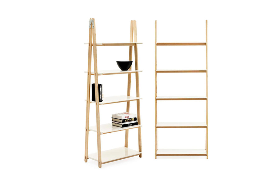 One Step Up Bookcase by Normann Copenhagen, showing different angle views of one step up bookcase in high/white powder coated steel.