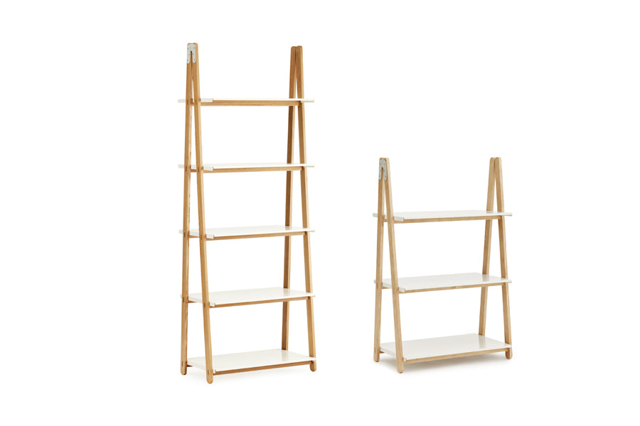 One Step Up Bookcase by Normann Copenhagen, showing angle view of one step up bookcases in low & high/white powder coated steel.