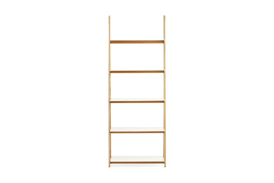 One Step Up Bookcase by Normann Copenhagen, showing front view of one step up bookcase in high/white powder coated steel.