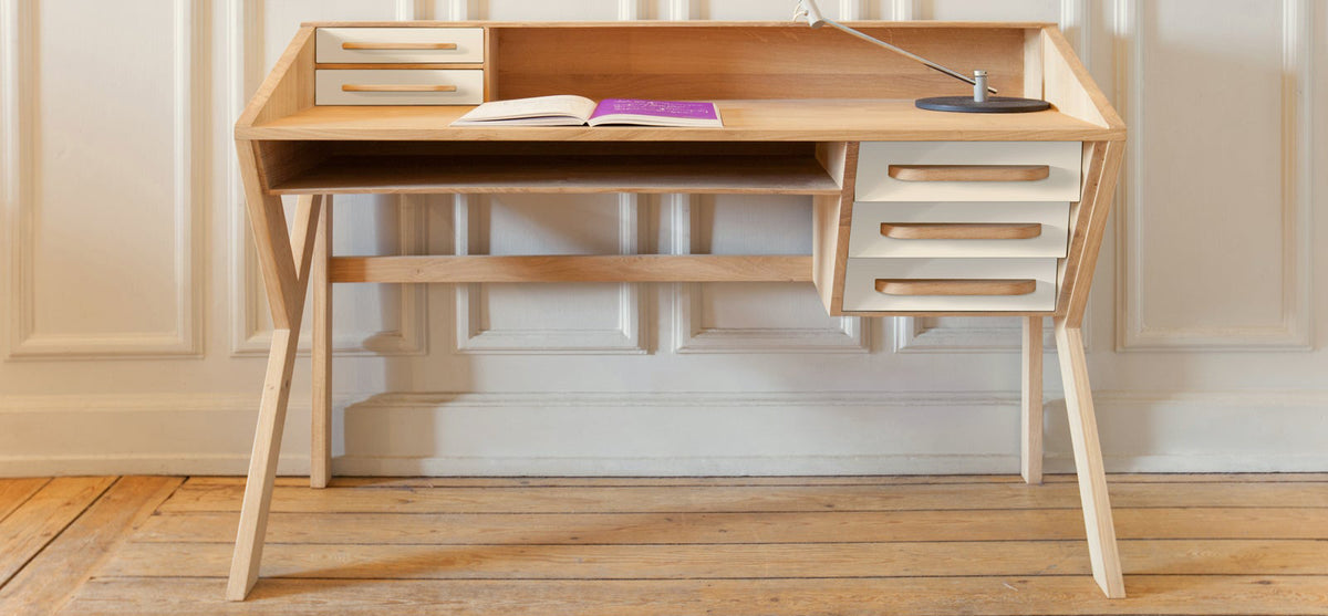 Origami Desk by Ethnicraft, showing origami desk in live shot.