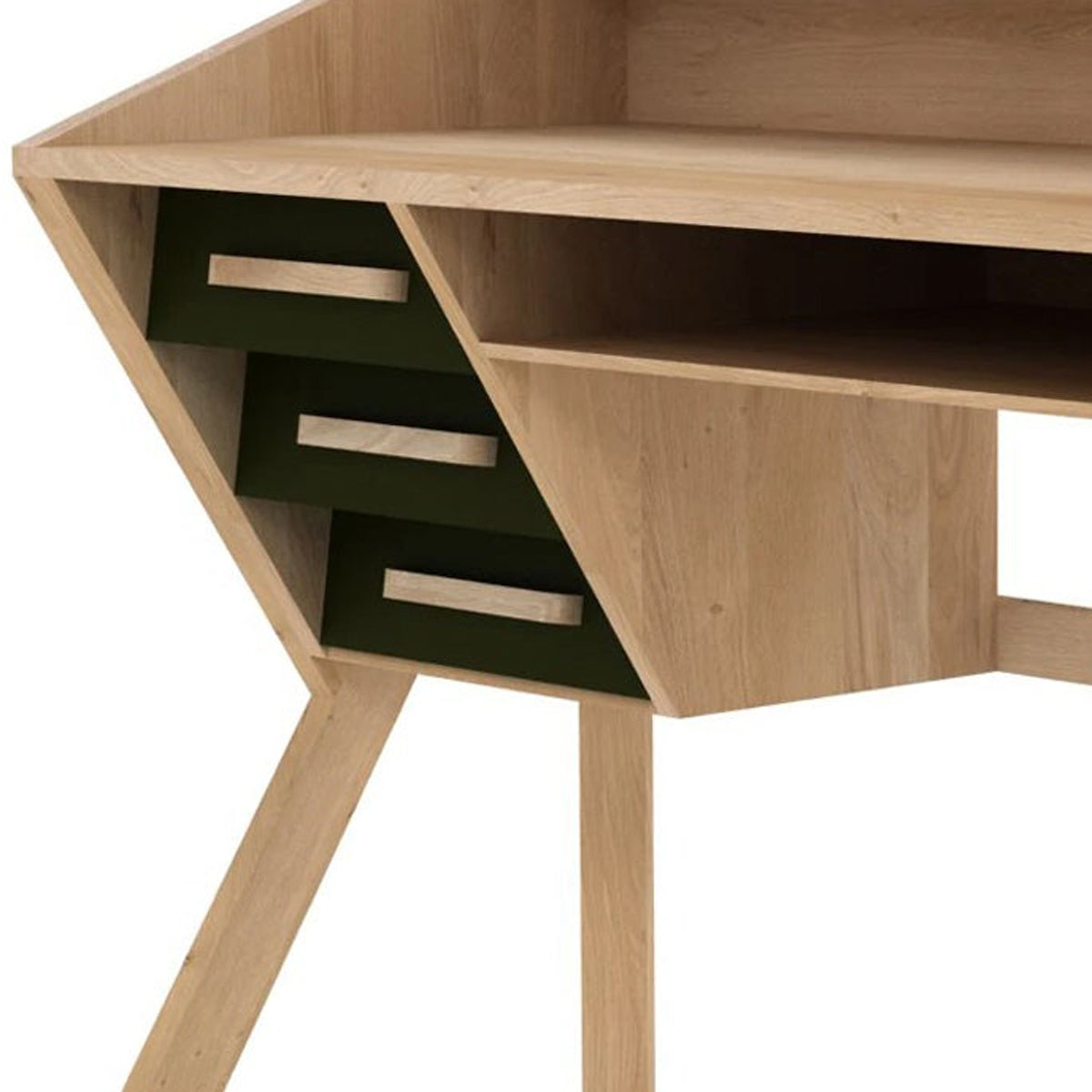 Origami Desk by Ethnicraft, showing closeup view of origami desk in oak/black metal.