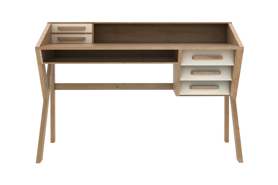 Origami Desk by Ethnicraft, showing front view of origami desk in oak/cream metal.