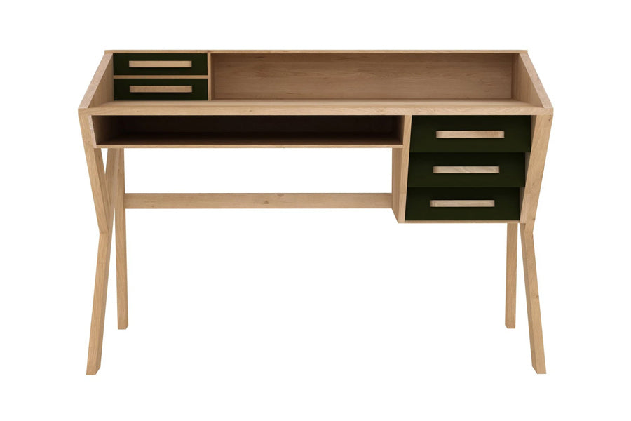 Origami Desk by Ethnicraft, showing front view of origami desk in oak/black metal.