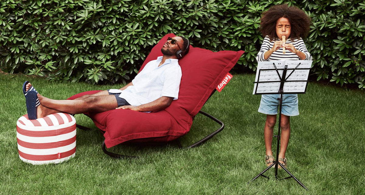 Original Slim Outdoor Bean Bag by Fatboy, showing original slim outdoor bean bag in live shot.