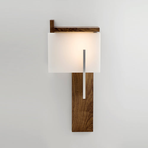 Oris LED Sconce by Cerno, showing front view of oris led sconce in walnut wood + brushed aluminum metal.