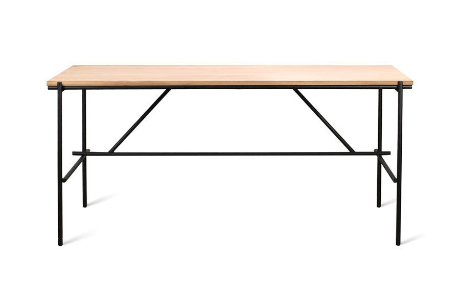 Oscar Desk by Ethnicraft, showing front view of oscar desk in oak wood/63" x 31".