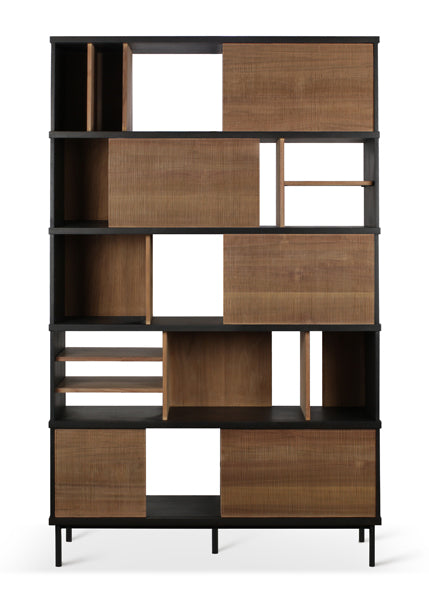 Oscar Rack by Ethnicraft, showing front view of oscar rack in 47" x 15.5" with 5 sliding doors/varnished teak brown.