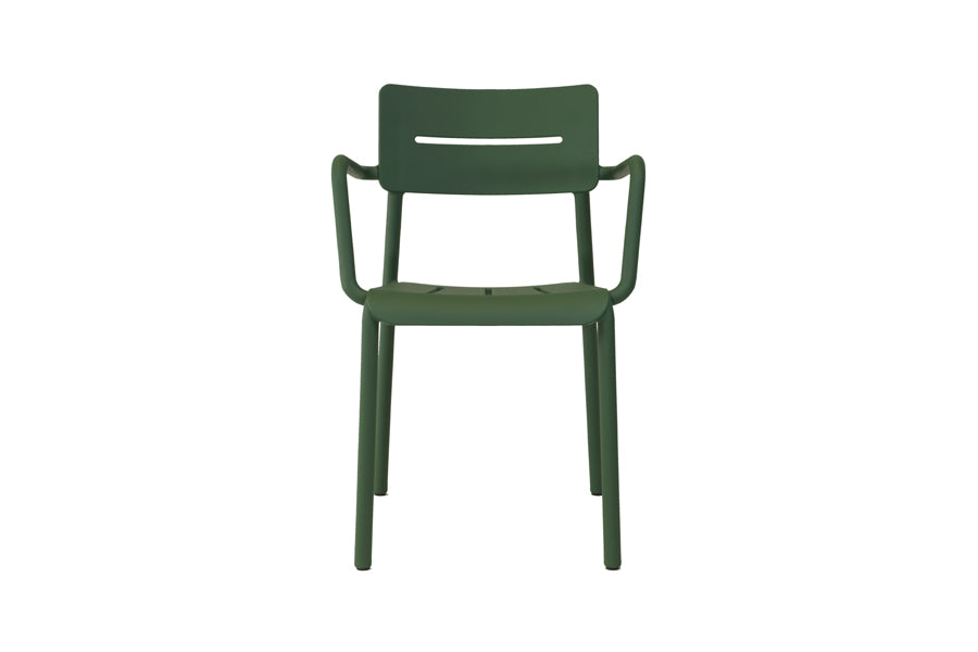 Outo Arm Chair by Toou, showing front view of outo lounge chair in dark green polypropylene finish/no connector table.
