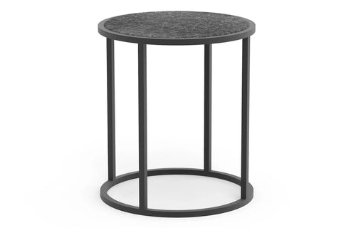 Pace Stone Round Side Table by Harbour Outdoor - Asteroid Aluminum + Black Flamed Brushed Granite Marble.