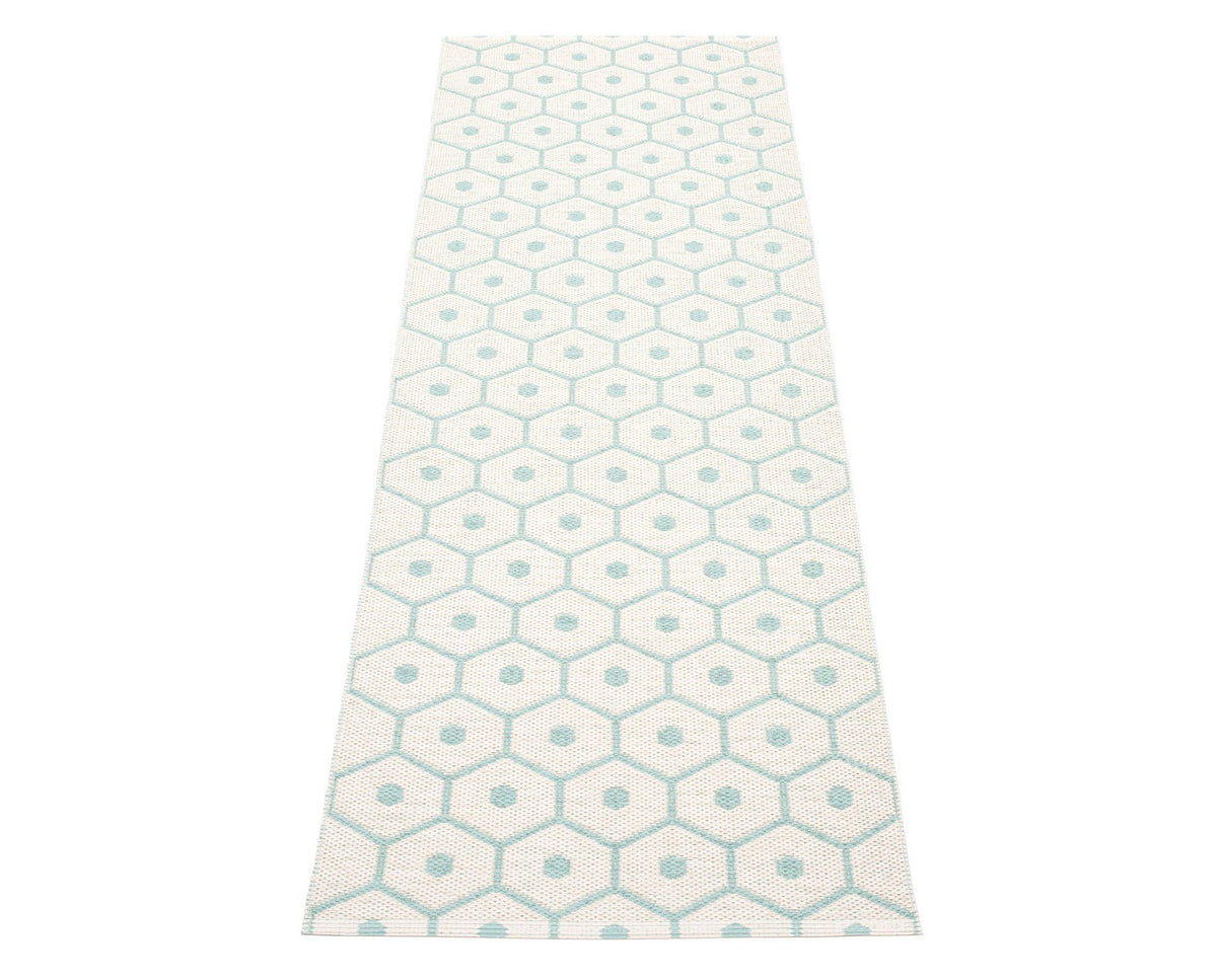 Honey Pale Turquoise & Vanilla Runner Rug by Pappelina, showing back view of honey pale turquoise & vanilla runner rug.