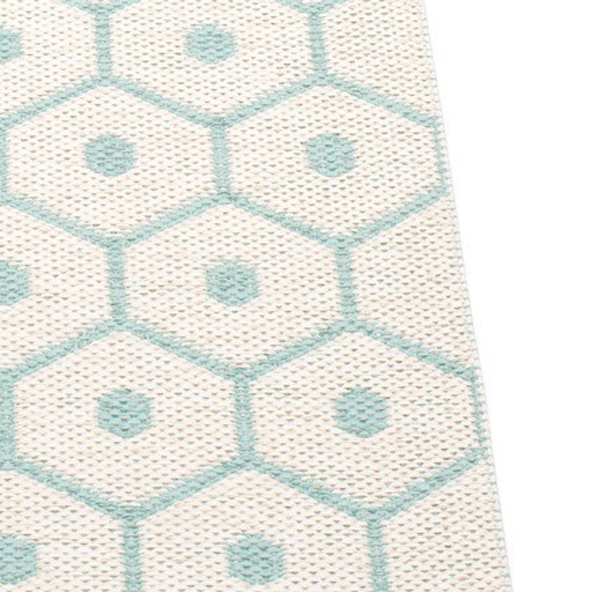 Honey Pale Turquoise & Vanilla Runner Rug by Pappelina, showing closeup view of honey pale turquoise & vanilla runner rug in back side.