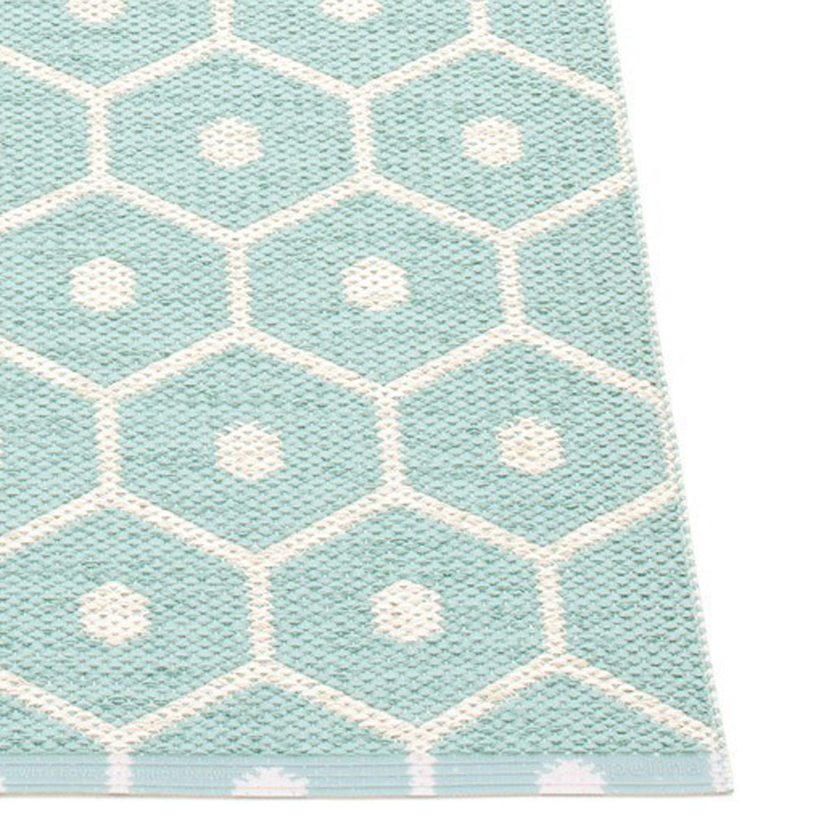 Honey Pale Turquoise & Vanilla Runner Rug by Pappelina, showing closeup view of honey pale turquoise & vanilla runner rug in front side.