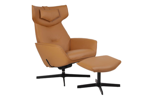 Palma Recliner Chair with Footrest + Adjustable Headrest by Kebe - Balder Cognac Leather.