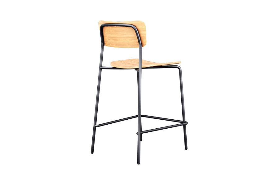 Paloma Stool by Kollektiff, showing back view of paloma stool in natural stained oak/black painted metal frame.