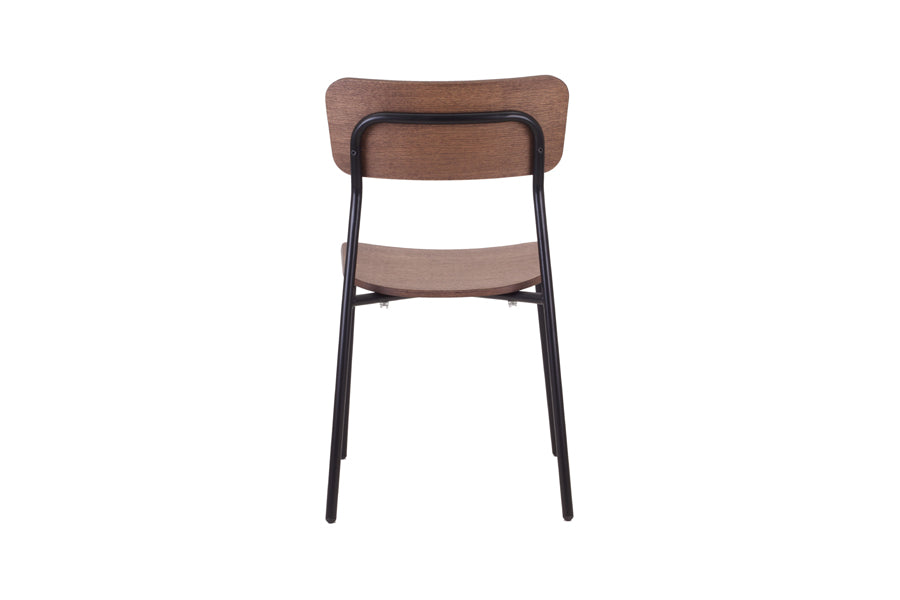 Paloma Dining Chair by Kollektiff, showing back view of paloma dining chair in walnut stained oak + black painted metal frame.
