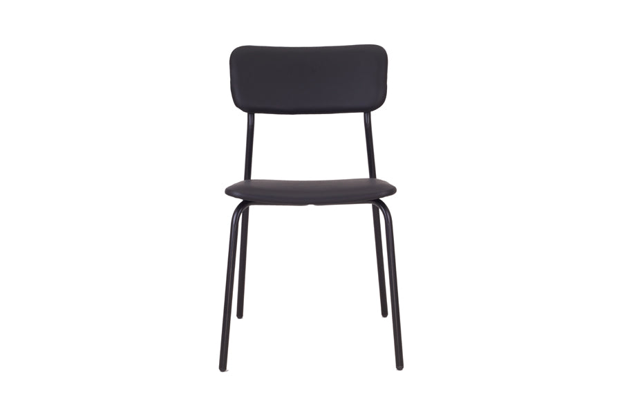 Paloma Dining Chair by Kollektiff, showing front view of paloma dining chair in black eco leather upholstered seat & backrest + black metal frame.