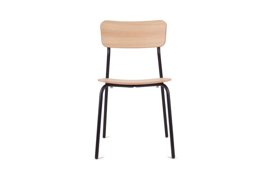 Paloma Dining Chair by Kollektiff, showing front view of paloma dining chair in natural stained oak + black painted metal frame.