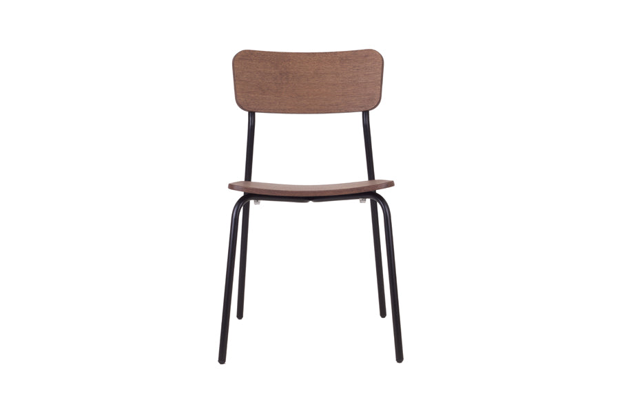Paloma Dining Chair by Kollektiff, showing front view of paloma dining chair in walnut stained oak + black painted metal frame.