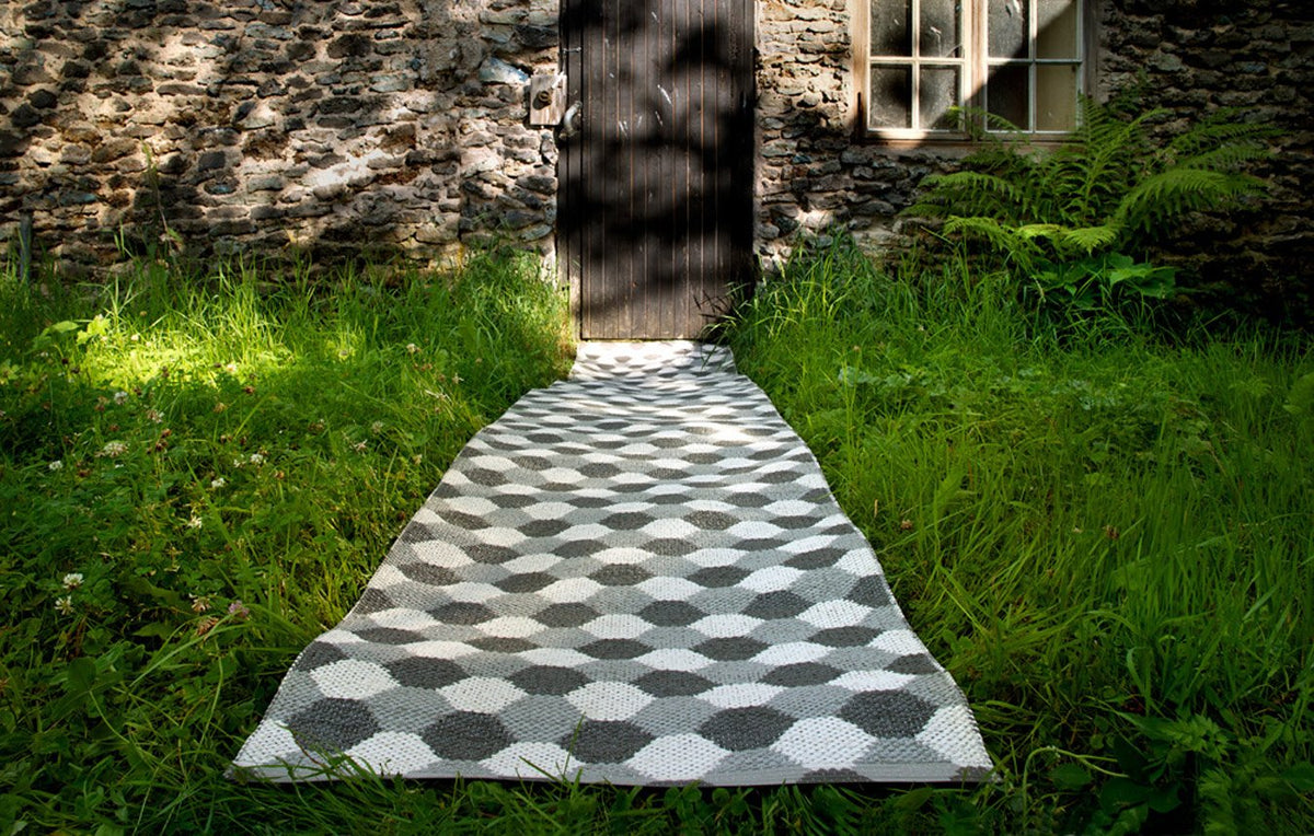 Dana Warm Grey & Charcoal & Vanilla Runner Rug by Pappelina, showing dana warm grey & charcoal & vanilla runner rug in live shot.