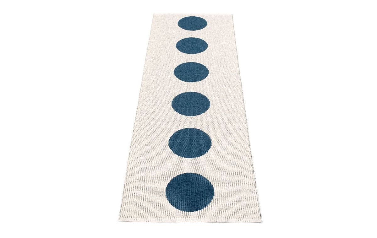 Vera Ocean Blue Runner Rug by Pappelina, showing back view of vera ocean runner rug.