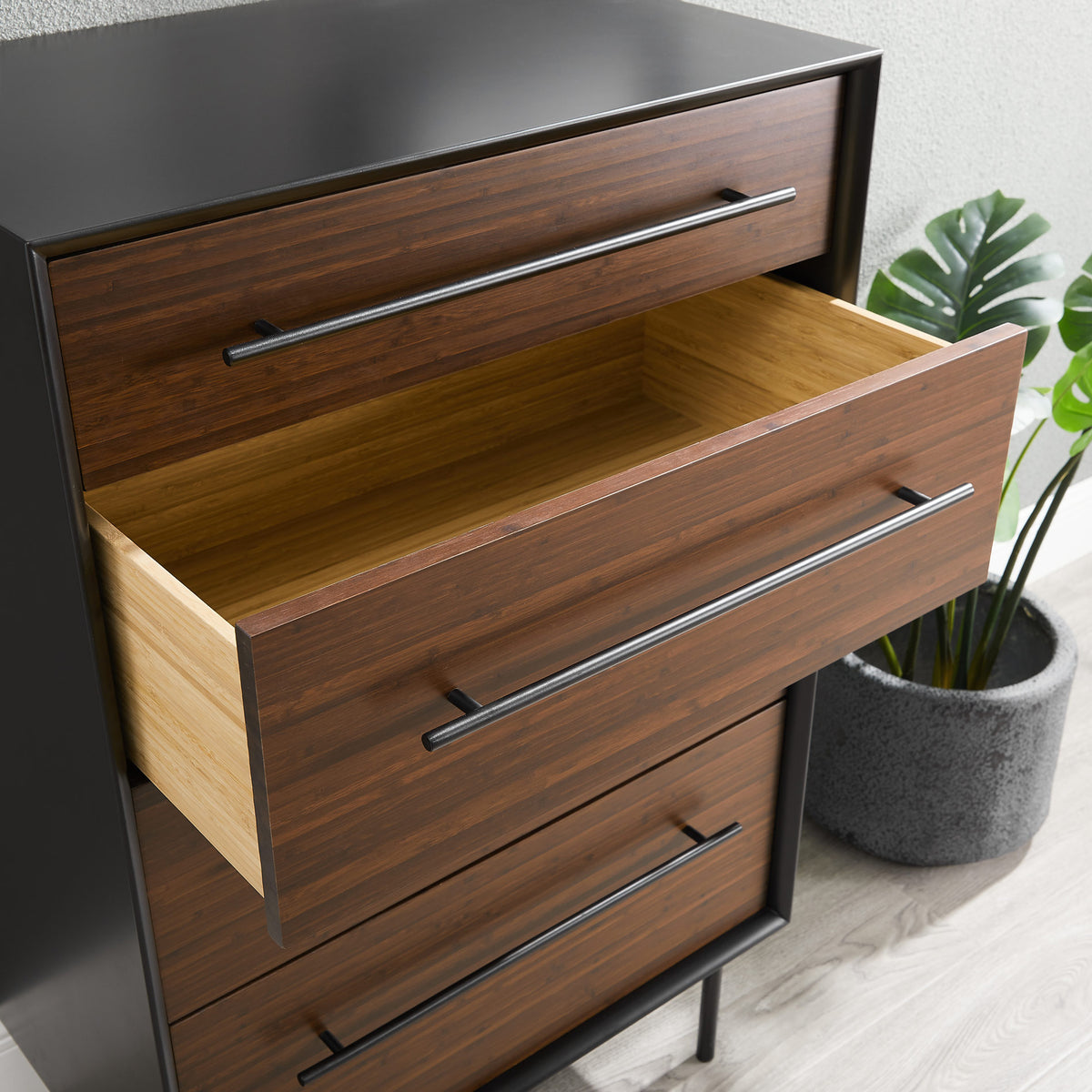 Park Avenue Ruby 4 Drawer High Chest by Greenington, showing closeup view of park avenue ruby 4 drawer high chest in live shot.