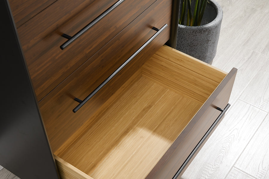 Park Avenue Ruby 4 Drawer High Chest by Greenington, showing closeup view of park avenue ruby 4 drawer high chest in live shot.