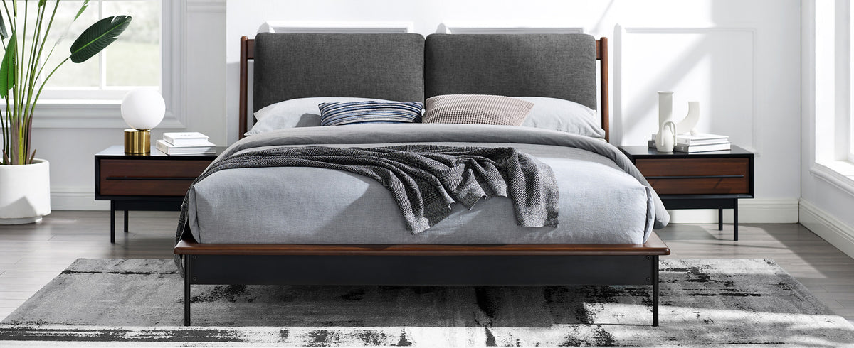 Park Avenue Ruby Platform Bed with Fabric by Greenington, showing park avenue ruby platform bed with fabric/nightstands/mattress in live shot.