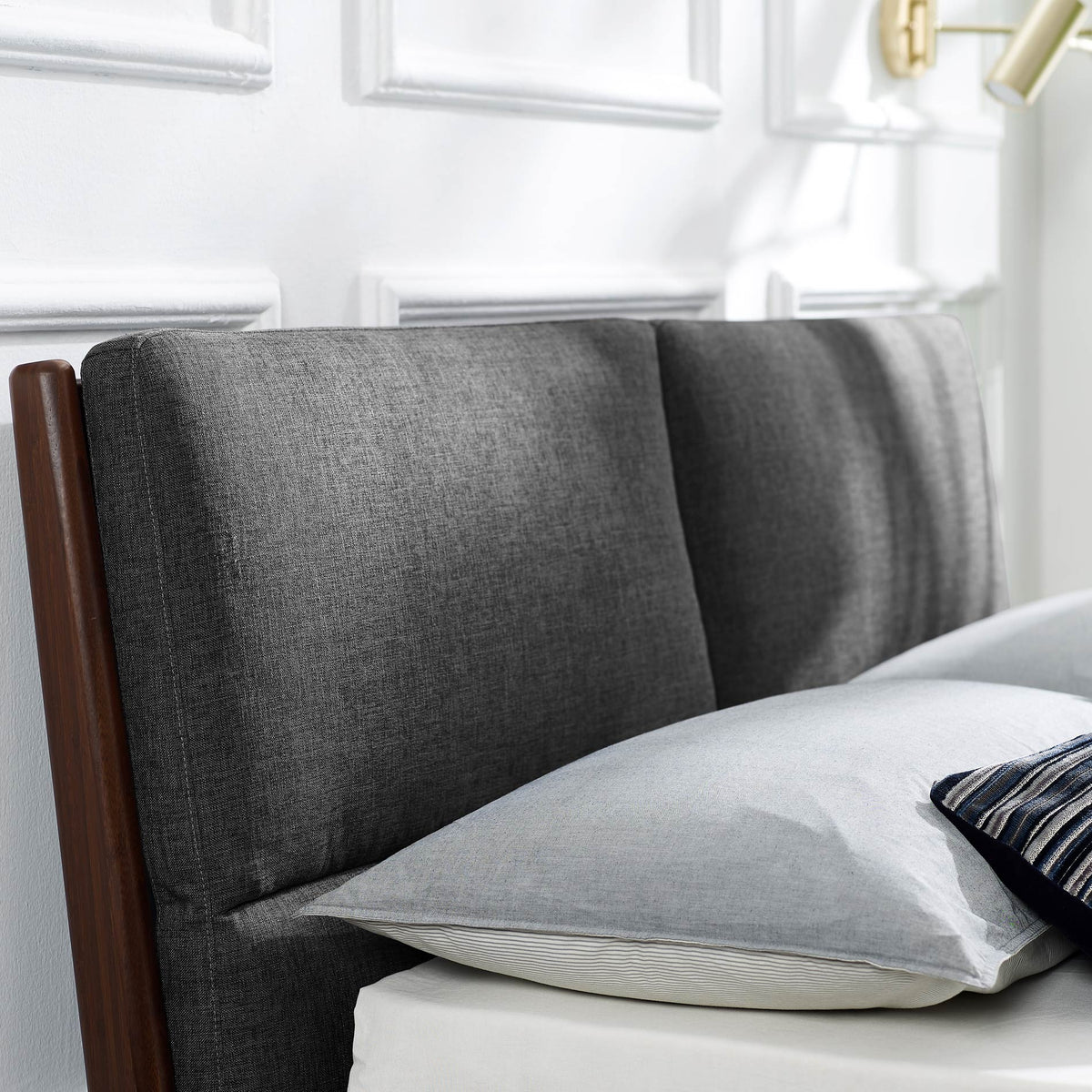 Park Avenue Ruby Platform Bed with Fabric by Greenington, showing closeup view of park avenue ruby platform bed with fabric/mattress in live shot.