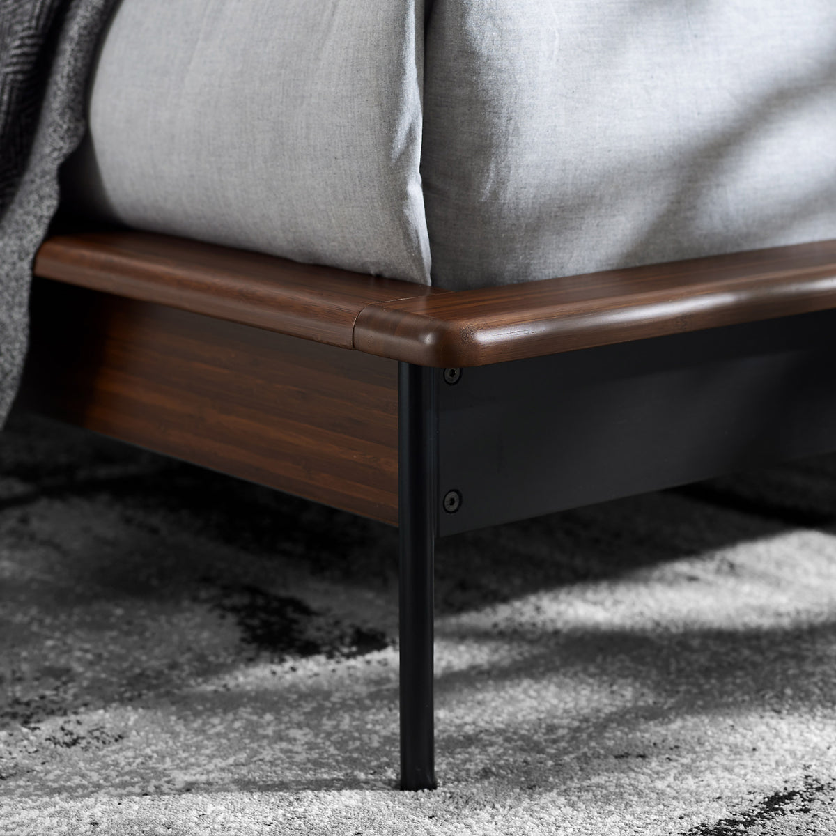 Park Avenue Ruby Platform Bed with Fabric by Greenington, showing closeup view of park avenue ruby platform bed with fabric/mattress in live shot.