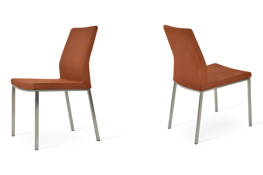 Pasha Metal Dining Chair by SohoConcept, showing two pasha metal dining chairs in cognac nubuck fabric.
