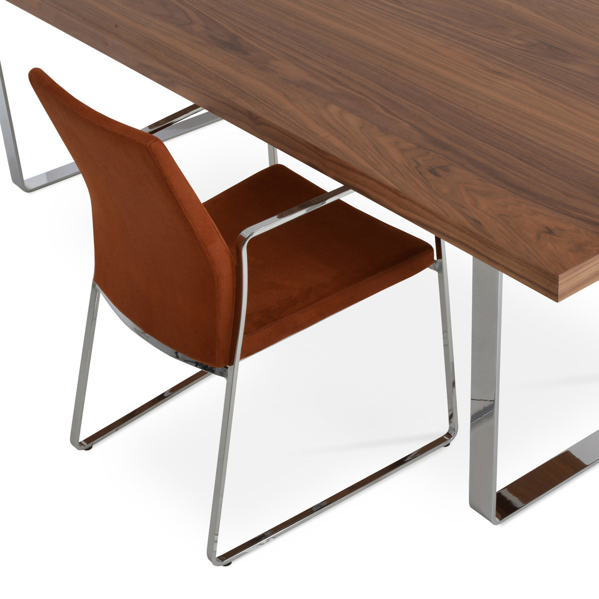 Pasha Arm Sled Dining Chair by SohoConcept, showing slide dining arm chair with table.