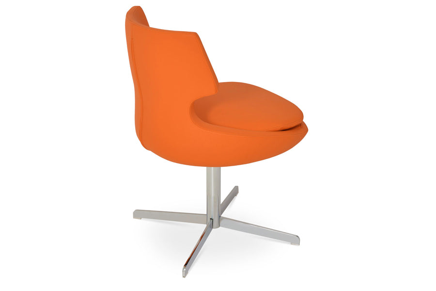 Patara 4 Star Swivel Chair by SohoConcept, showing back view of patara 4 star swivel chair in orange leatherette with chrome base.