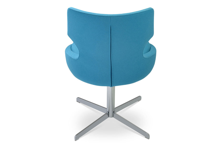Patara 4 Star Swivel Chair by SohoConcept, showing back view of patara 4 star swivel chair in camira blazer turquoise wool with chrome base.
