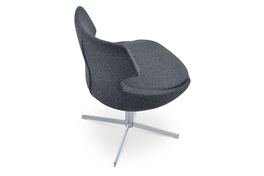 Patara 4 Star Swivel Chair by SohoConcept, showing back view of patara 4 star swivel chair in camira blazer dark grey wool with chrome base.