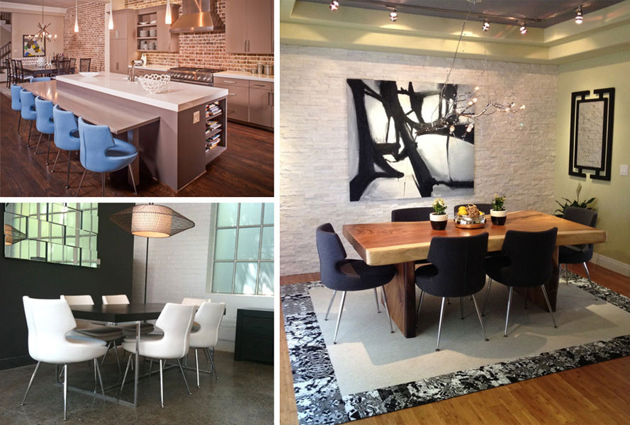 Patara Metal Dining Chair by SohoConcept, showing metal dining chairs with table in live shot.