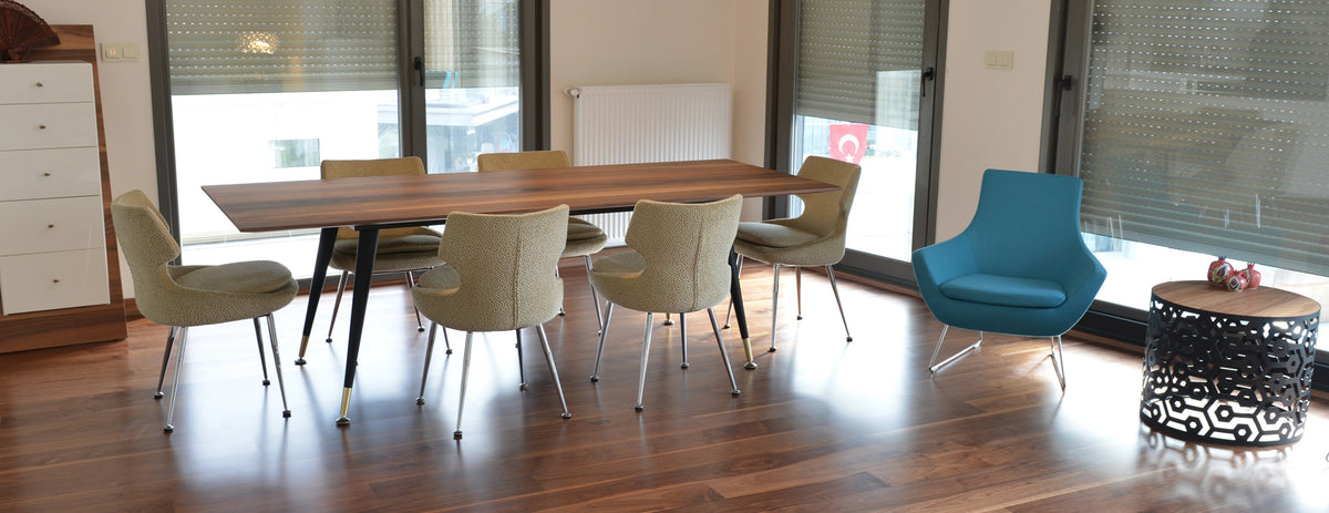 Patara Metal Dining Chair by SohoConcept, showing metal dining chairs with table in live shot.