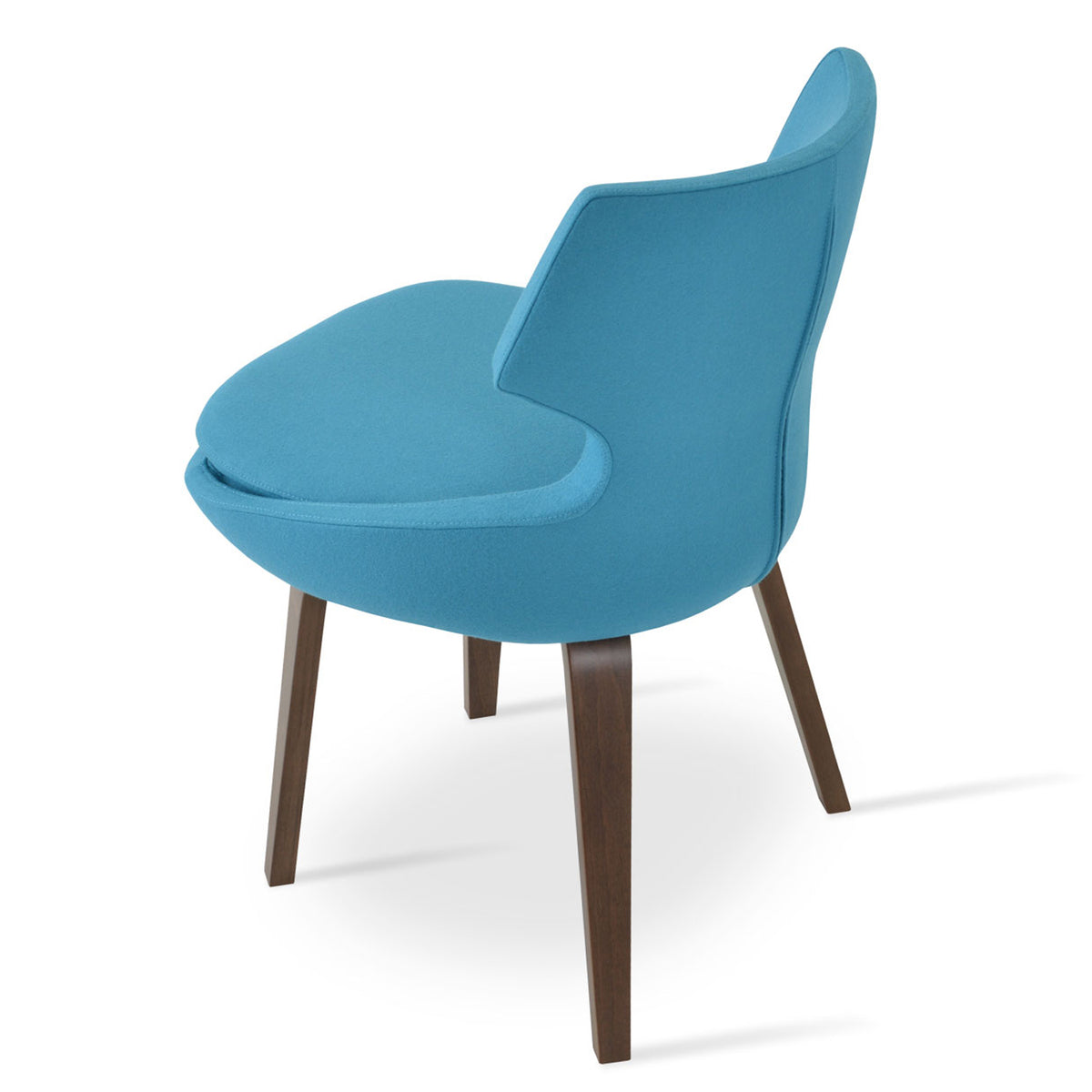 Patara Plywood Dining Chair by SohoConcept, showing back view of patara plywood dining chair in camira turquoise wool with walnut wood base.