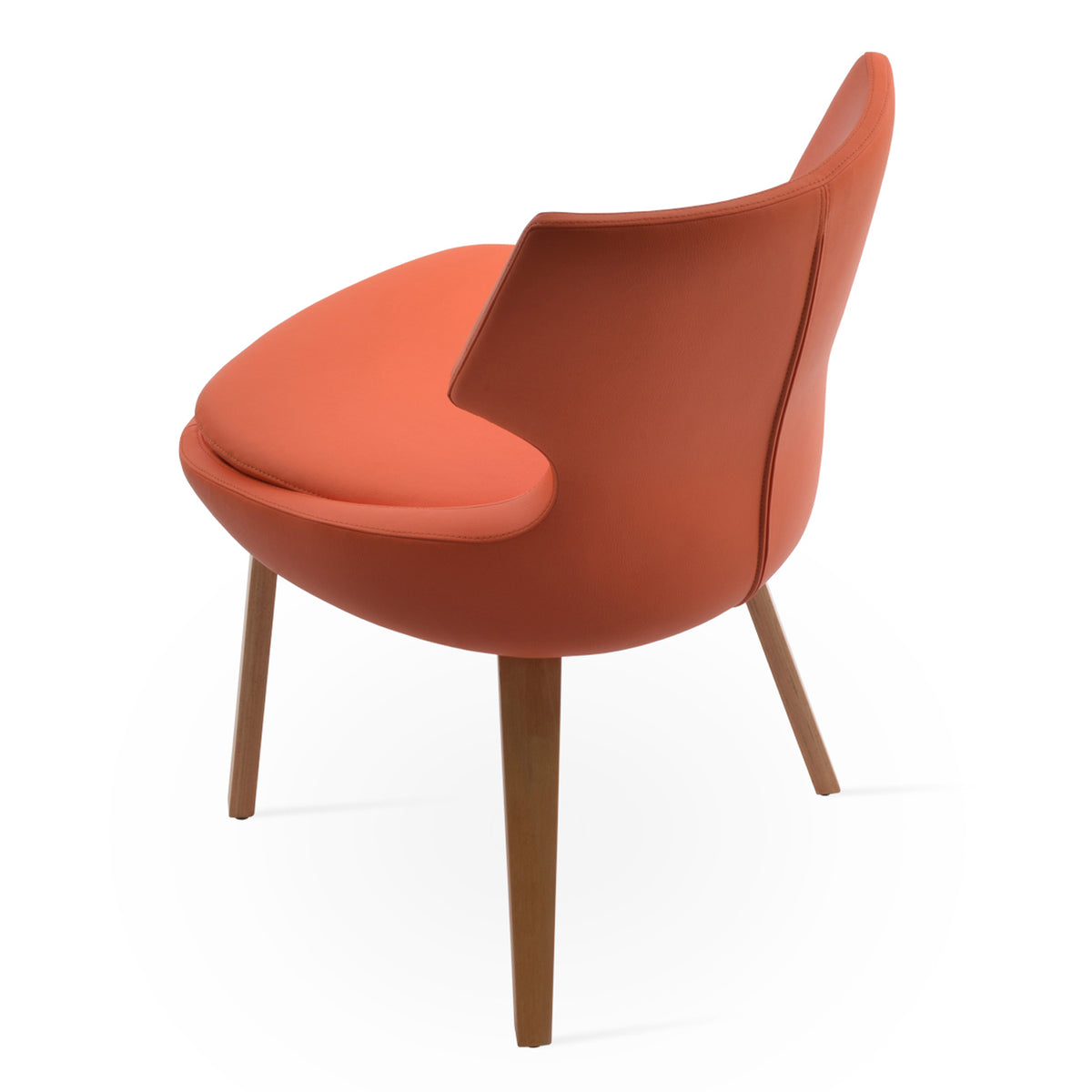 Patara Plywood Dining Chair by SohoConcept, showing back view of patara plywood dining chair in orange leatherette with natural ash wood base.