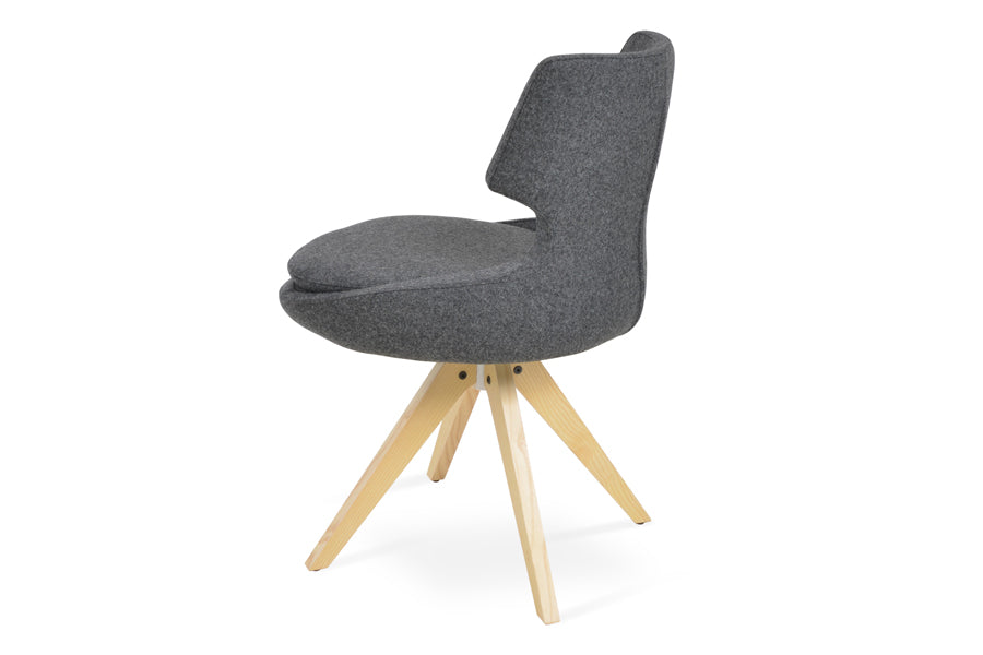 Patara Pyramid Swivel Chair by SohoConcept, showing back view of patara pyramid swivel chair in camira blazer dark grey wool with natural ash wood base.