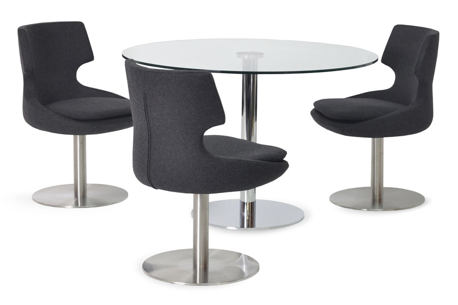 Patara Round Swivel Chair by SohoConcept, showing angle view of round swivel chairs with table.