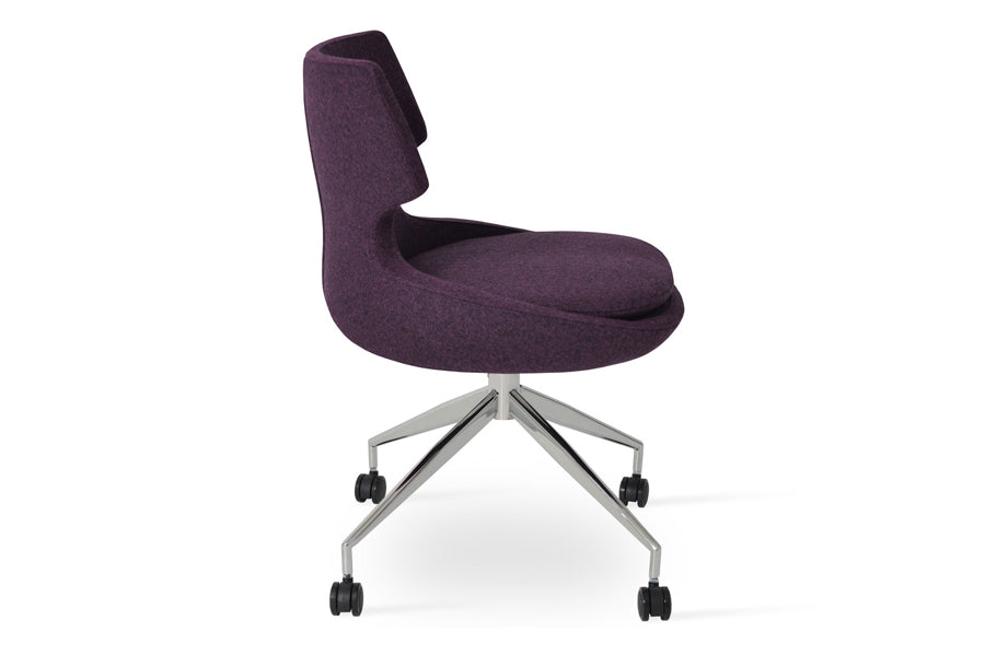 Patara Spider Chair with Caster by SohoConcept, showing side view of patara spider chair with caster in camira blazer deep maroon wool with polished aluminum base.