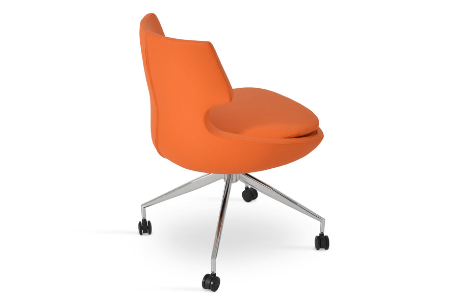 Patara Spider Chair with Caster by SohoConcept, showing back view of patara spider chair with caster in orange leatherette with polished aluminum base.