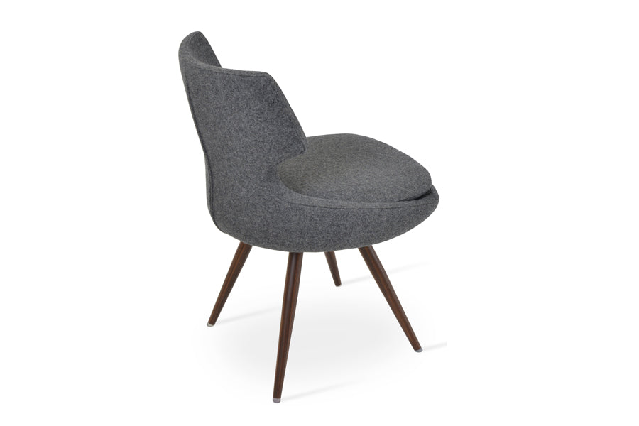 Patara Star Chair by SohoConcept, showing angle view of patara star chair in camira blazer dark grey wool with walnut veneer steel base.