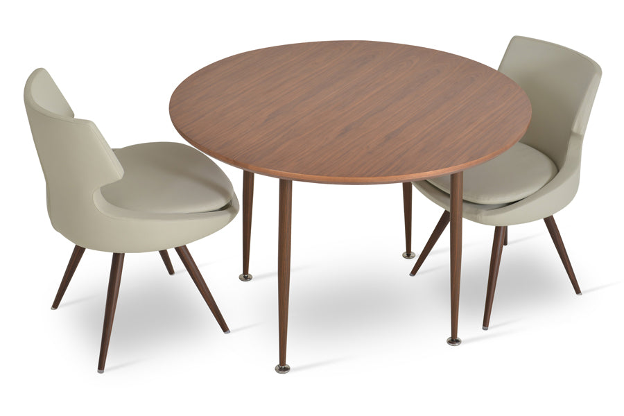 Patara Star Chair by SohoConcept, showing two patara star chairs in light grey leatherette/walnut veneer steel base with star dining table/walnut veneer top/walnut veneer steel legs(adjustable foot caps).