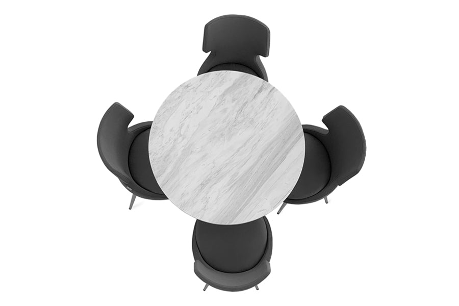 Patara Star Chair by SohoConcept, showing four patara star chairs in grey leatherette/stainless steel base with tango dining table/marble(40") top.