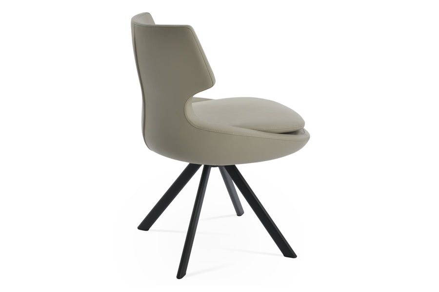 Patara Sword Dining Chair by sohoConcept, showing angle view of dining chair in light grey leatherette with black powder steel tubes.