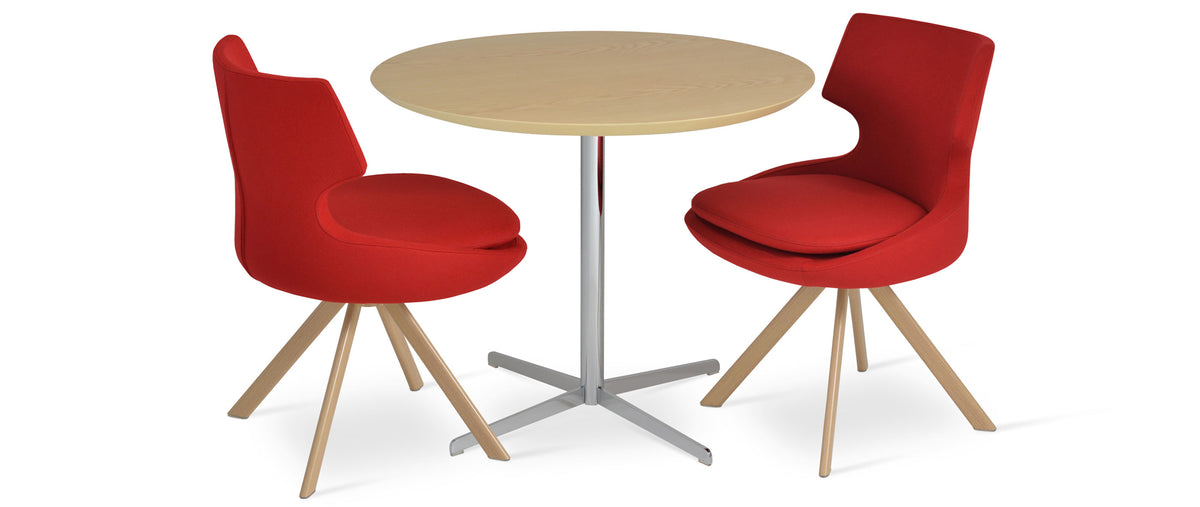 Patara Sword Swivel Dining Chair by SohoConcept, showing two sword swivel dining chairs with table.