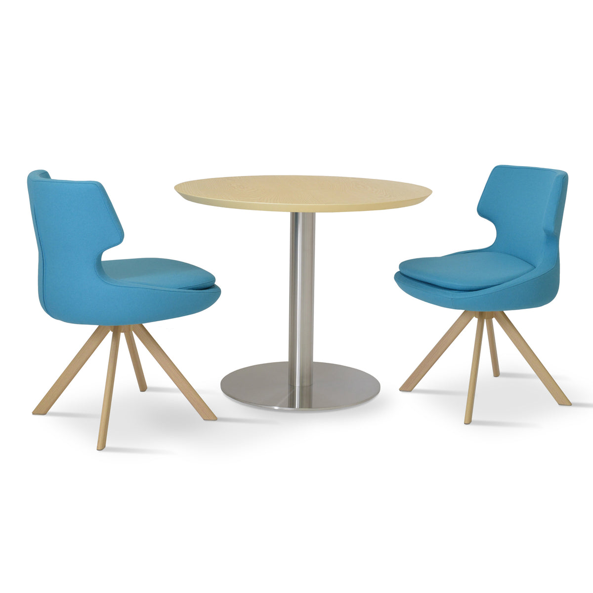 Patara Sword Swivel Dining Chair by SohoConcept, showing two sword swivel dining chairs with table.