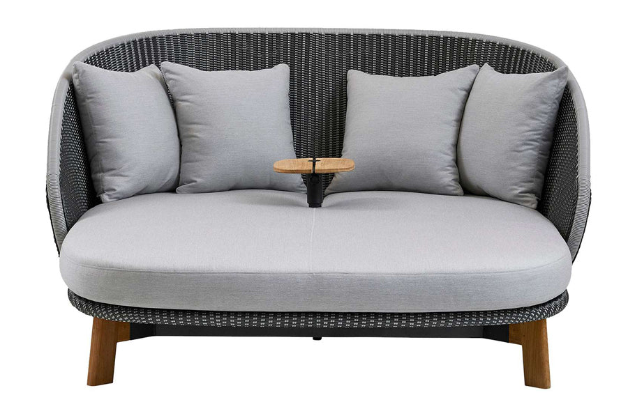 Peacock Daybed by Cane-Line, showing front view of peacock daybed in grey/light grey weave.