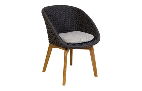 Peacock Outdoor Dining Chair by Cane-Line - Dark Grey Soft Rope/Teak Legs, Light Grey Focus.